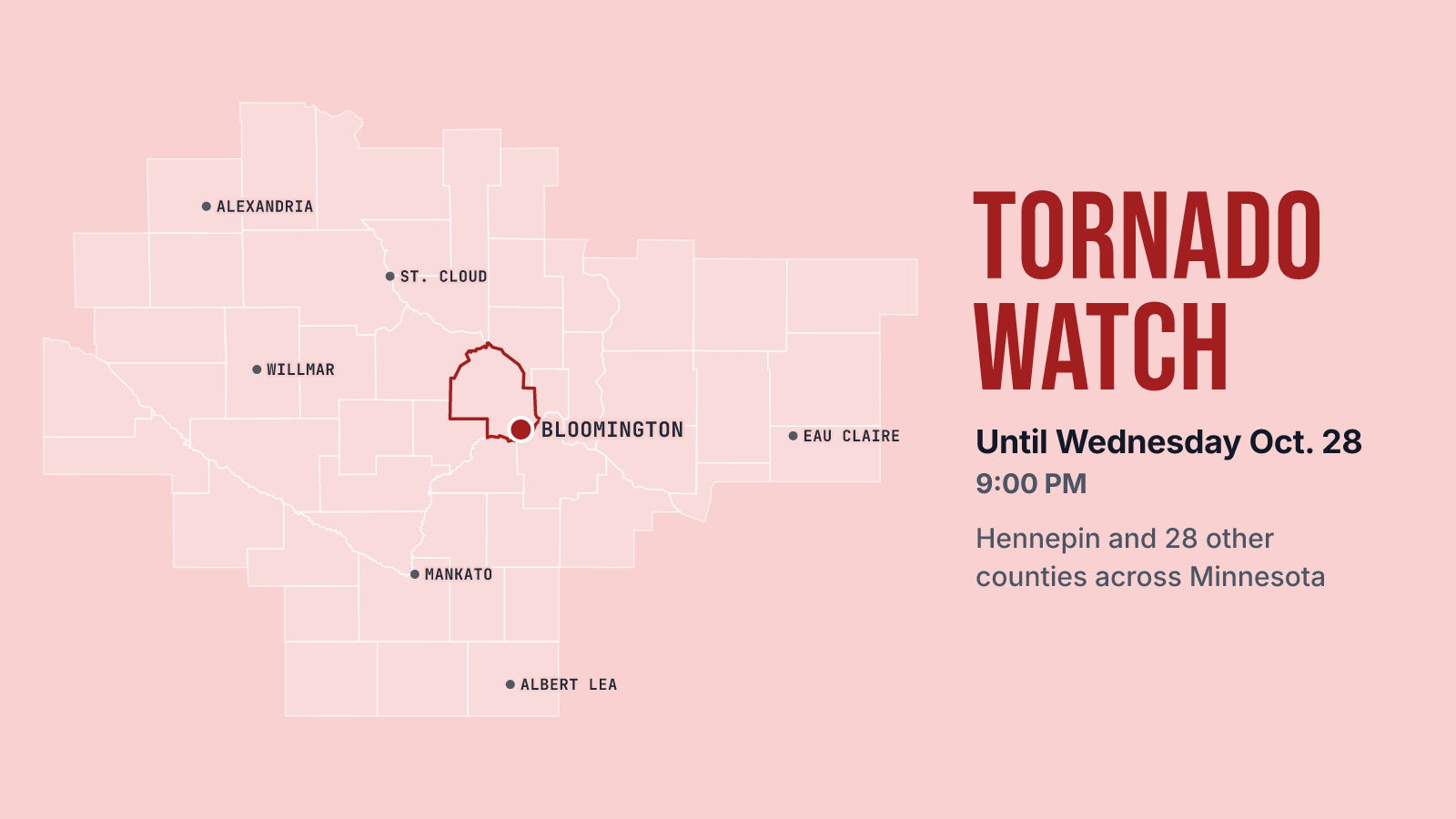 Tornado Watch Covers Bloomington and Hennepin County Until 9 PM Wednesday